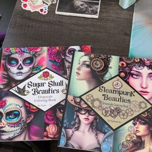 Two Grayscale Coloring Books - Steampunk & Sugar Skull Themed